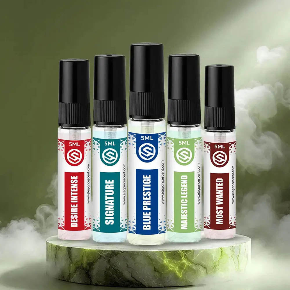 Men Perfume 5ml Tester Pack of 5 – Blue Prestige, Most Wanted, Majestic Legend, Signature & Desire Intense | Long-Lasting Masculine Fragrances