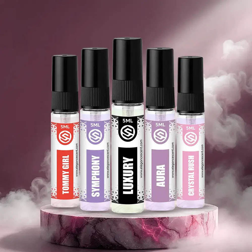 Women Perfume 5ml Tester Pack of 5 – Crystal Rush, Symphony, Aura, Tommy Girl & Luxury | Fresh, Floral & Long-Lasting Fragrances