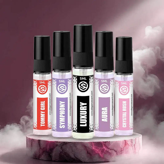 Women Perfume 5ml Tester Pack of 5 – Crystal Rush, Symphony, Aura, Tommy Girl & Luxury | Fresh, Floral & Long-Lasting Fragrances